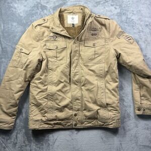 Wenven Jacket Men's Medium Tan Military Style Canvas Full Zip 1999 Embroidered